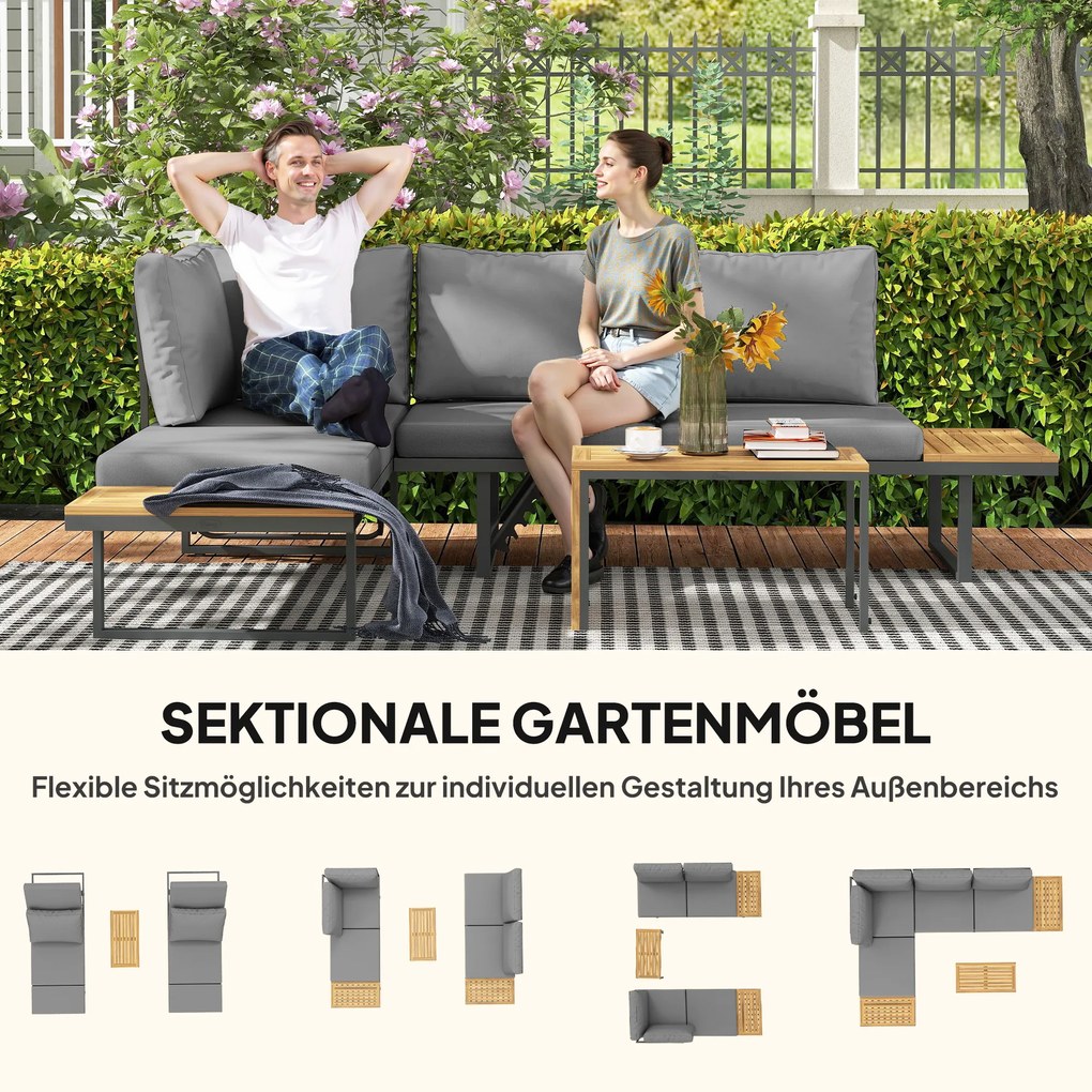 Outsunny Set mobilier exterior, extensibil la 6 locuri, colțar outdoor în formă de L cu mese, cadru din oțel, spătare reglabile, gri | Aosom Romania