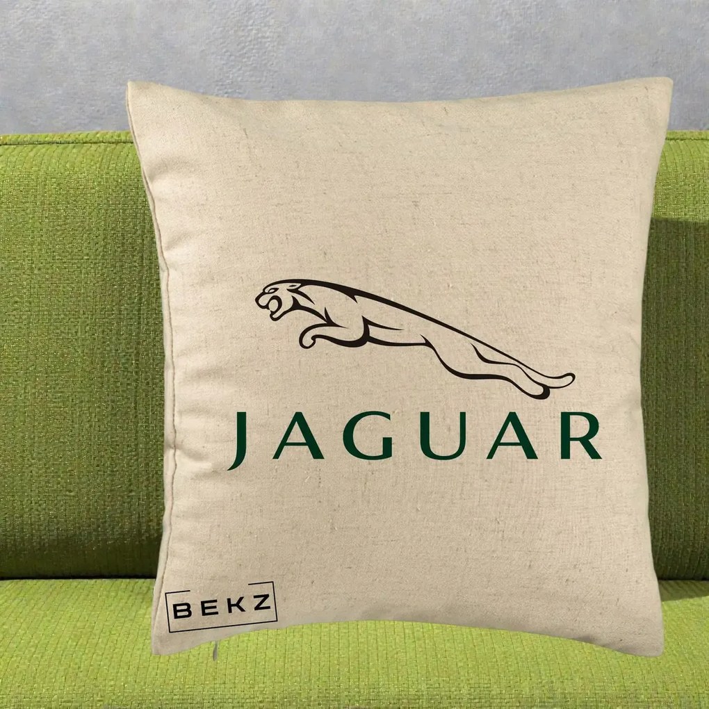 Perna Personalizata cu emblema Jaguar, 40x40 cm, Bej, Husa Detasabila, Perna Inclusa, BEKZ®
