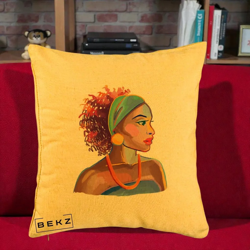 Perna Decorativa Portret Femeie Urbana Acuarela, 40x40 cm, Galben, Husa Detasabila, Perna Inclusa, BEKZ®