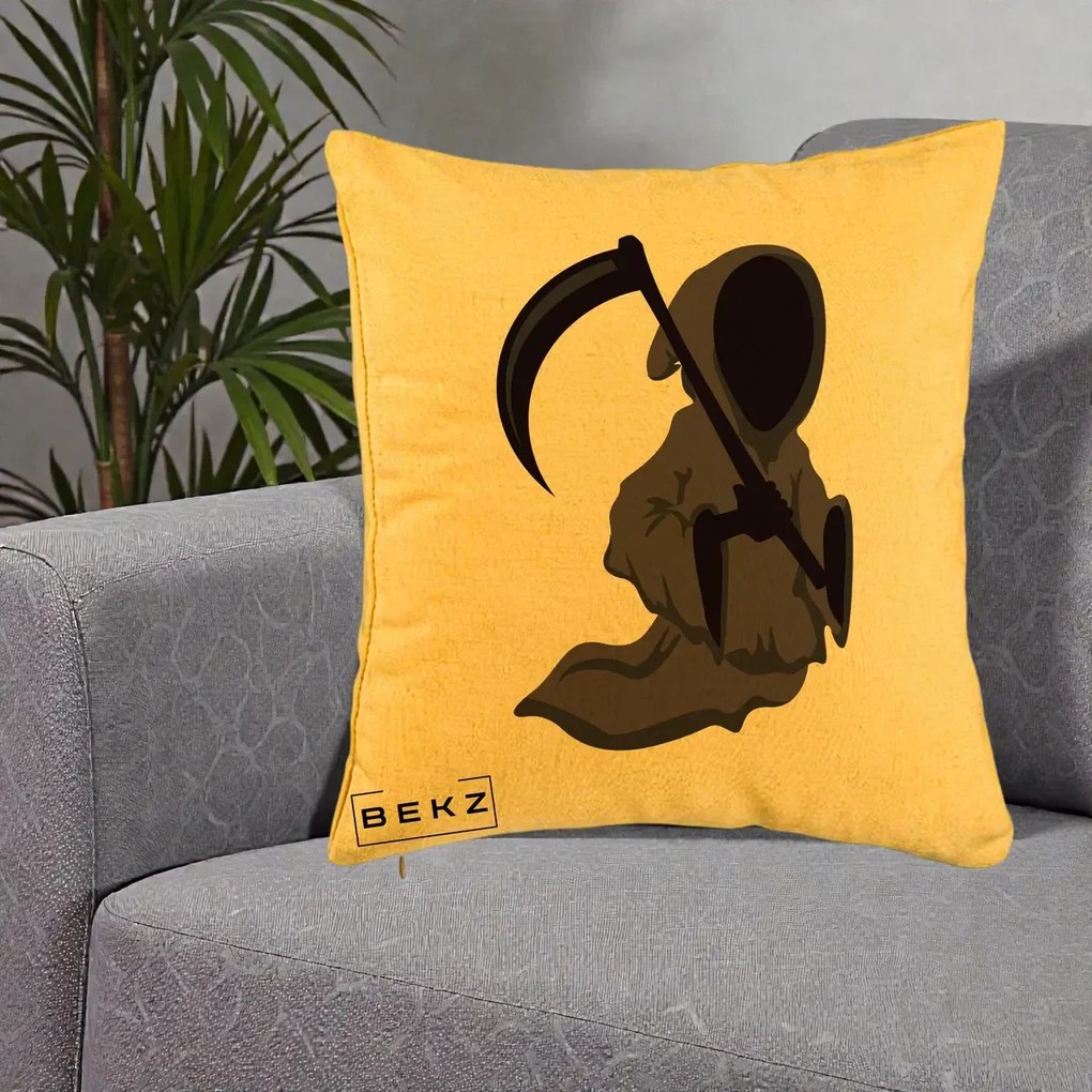 Perna Decorativa Moartea cu Coasa Grim Reaper Halloween, 40x40 cm, Galben, Husa Detasabila, Perna Inclusa, BEKZ®