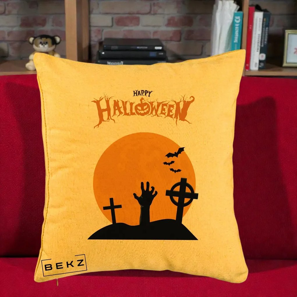 Perna Decorativa Happy Halloween Cimitir cu Luna, 40x40 cm, Galben, Husa Detasabila, Perna Inclusa, BEKZ®