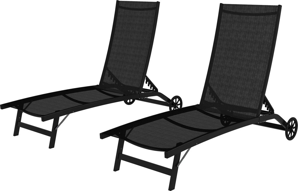 Outsunny Set de 2 șezlonguri din aluminiu și textilenă cu roți, spătar înclinabil, greutate max. 150 kg, negru | Aosom Romania