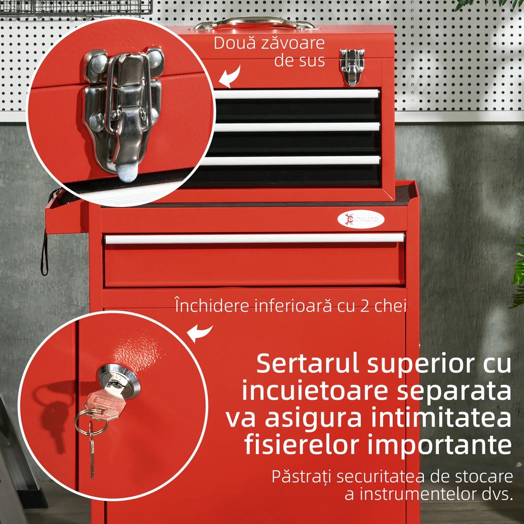 DURHAND Carucior pentru Unelte cu 4 Sertare pe Roti, Cutie de Unelte 2 in 1 si Dulap Depozitare Detasabil, Organizare Atelier | Aosom Romania