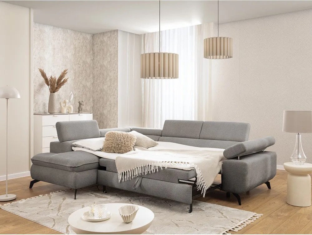 Colțar gri deschis cu tapițerie din chenille (cu colț pe partea stângă/în formă de ”L”) Marbeya – Ropez