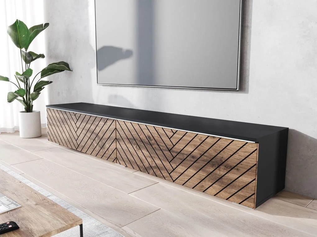 Dulap TV Dlana 180 MDF (Negru grafit + Stejar wotan) (cu iluminat LED alb). 1106214