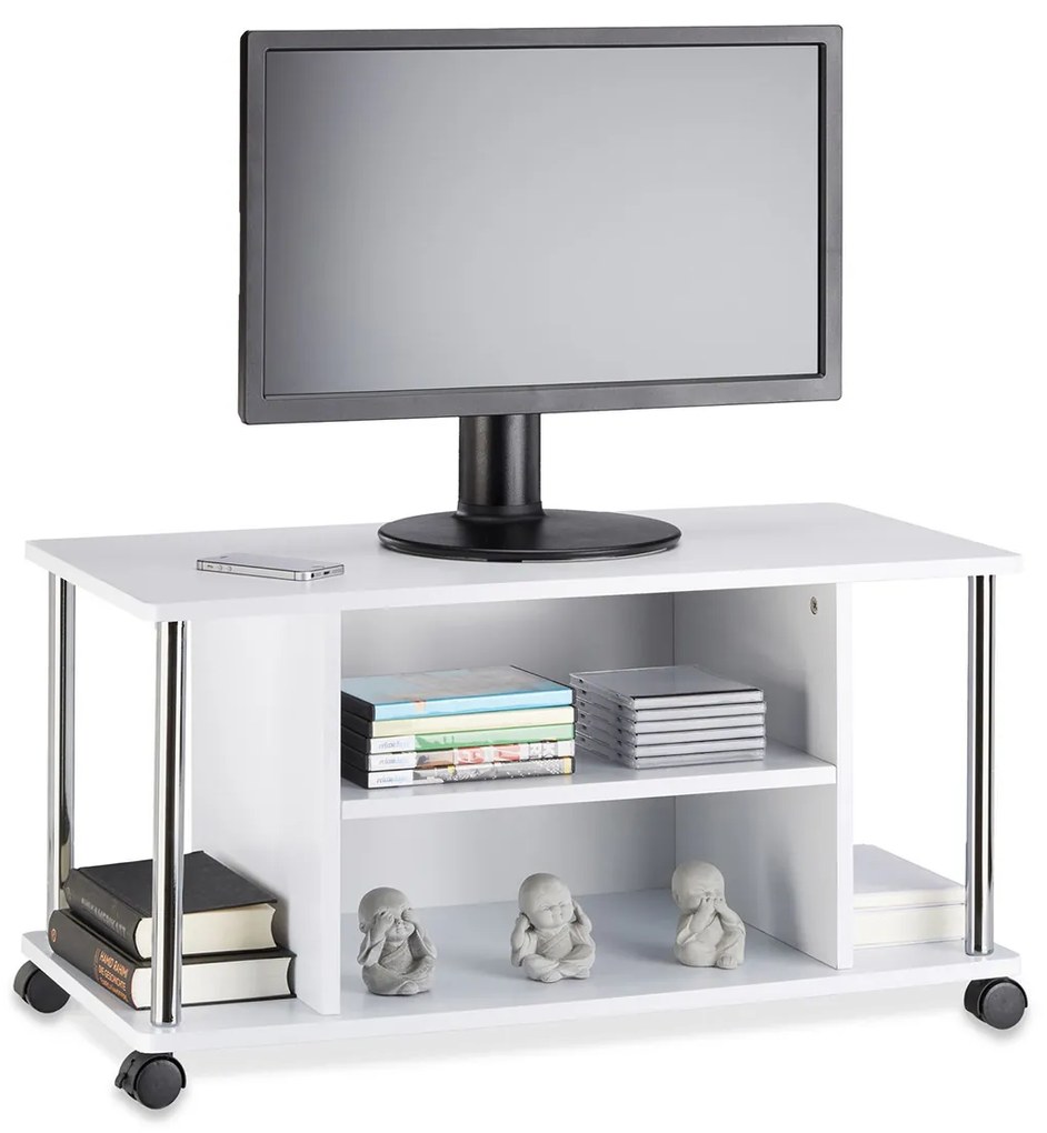 Comoda TV cu roti 3 niveluri 2 rafturi 2 compartimente pentru carti  MDF  Alb