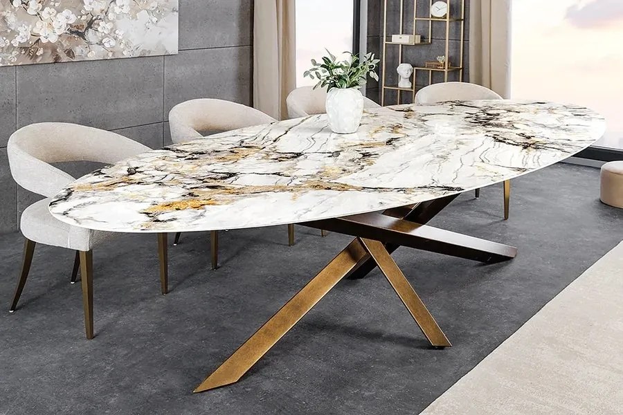 Masa ovala SCULPTURE 280cm metal bronz, ceramica alb, gri, maro