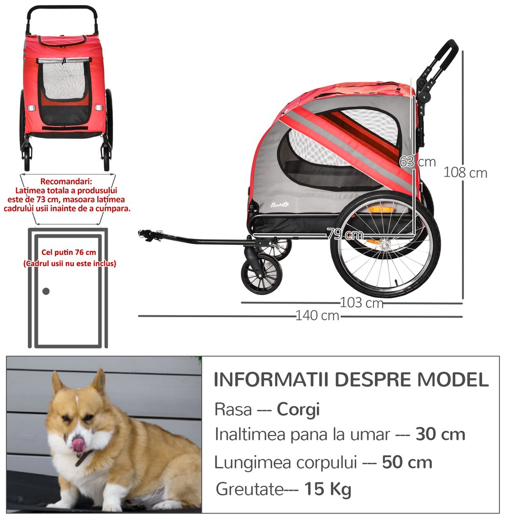 PawHut Remorcă Bicicletă pentru Câini 2-in-1, Carucior Animal de Companie, Cadru Oțel, Ataș de Călătorie | Aosom Romania