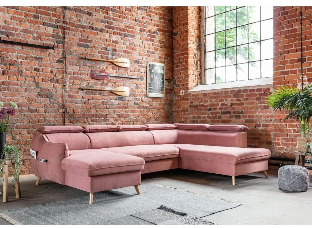 Colțar roz deschis extensibil cu tapițerie din catifea (cu colț pe partea dreaptă/în formă de "U") Sweet Harmony – Miuform