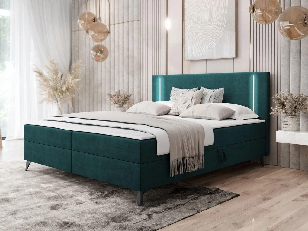 Pat matrimonial 160 cm Hebara 2 (Verde închis) (cu somieră și saltea) (cu sp. depozitare) (cu iluminat LED). 1104245