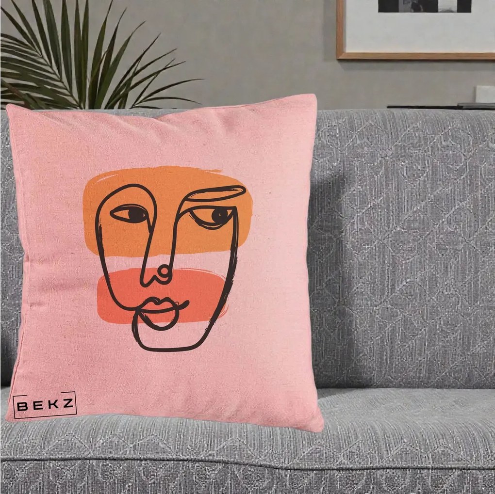 Perna Decorativa Portret Abstract Line Art Portocaliu, 40x40 cm, Roz, Husa Detasabila, Perna Inclusa, BEKZ®