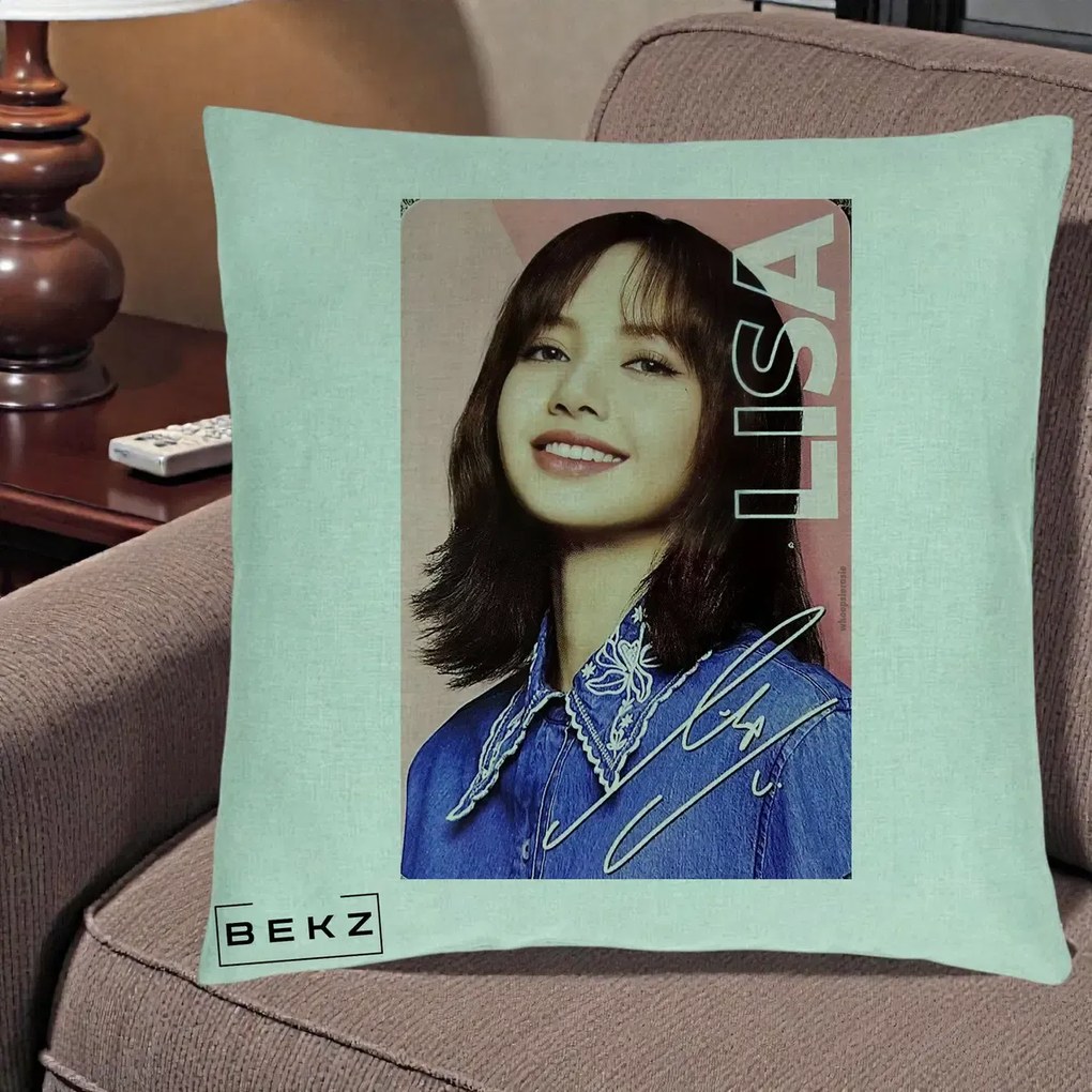 Perna Personalizata K-pop BLACKPINK Lisa cu Semnatura, 40x40 cm, Verde Menta, Husa Detasabila, Perna Inclusa, BEKZ®
