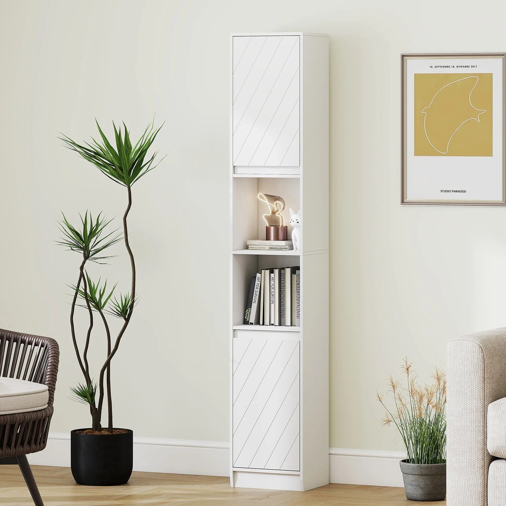 HOMCOM Coloană de baie, mobilier de depozitare cu 2 uși, 2 compartimente deschise, , 30 x 24 x 170 cm, alb | Aosom Romania