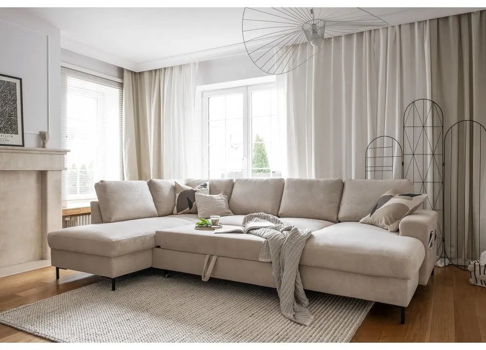 Colțar bej extensibil cu tapițerie din catifea reiată (cu colț pe partea stângă ) Lofty Lilly – Miuform