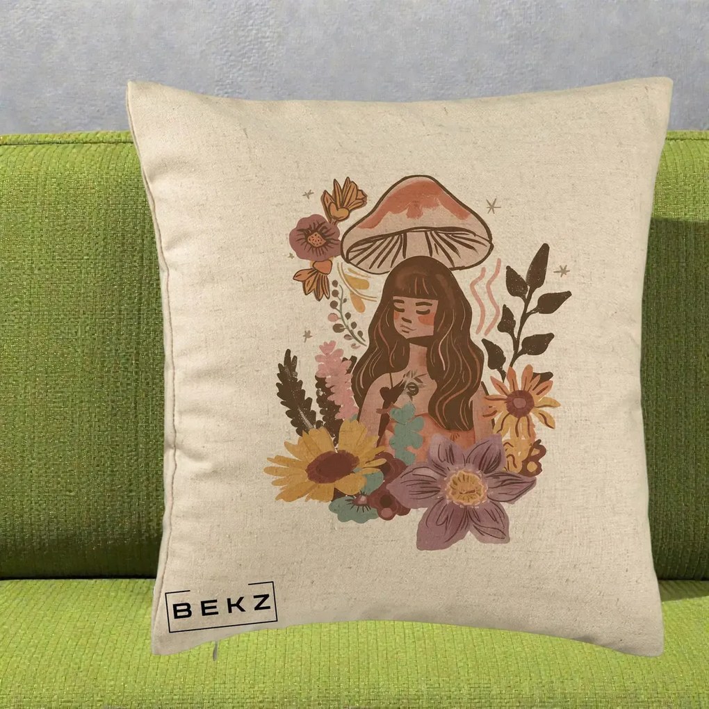 Perna Decorativa Fata Ciuperca Boho Florala, 40x40 cm, Bej, Husa Detasabila, Perna Inclusa, BEKZ®