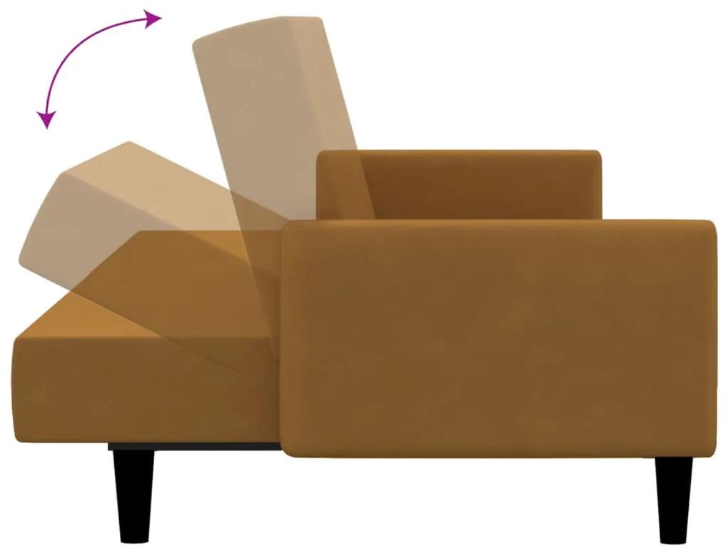 Canapea extensibila 2 locuri, cu taburet, maro, catifea Maro, Cu suport de picioare