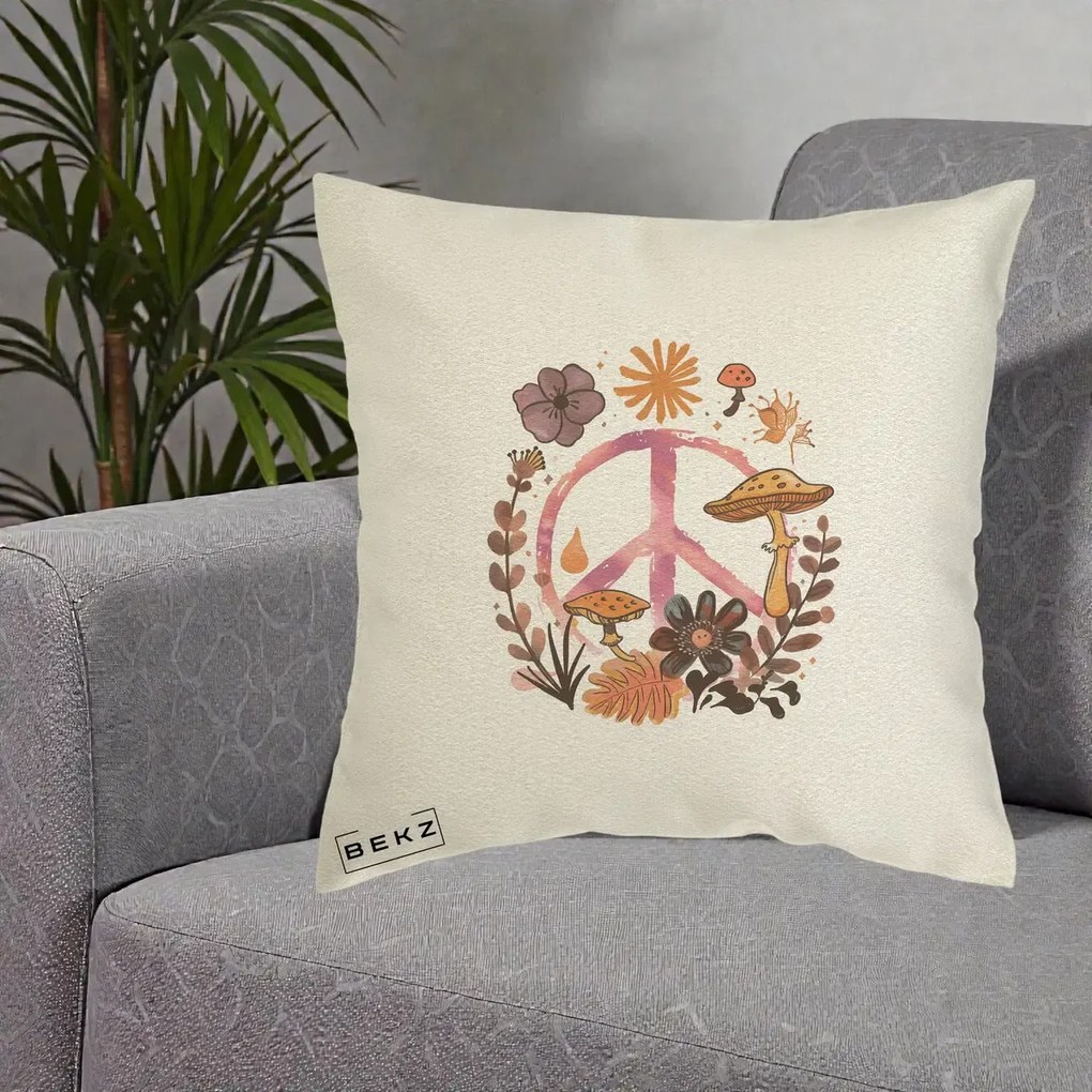 Perna Decorativa Peace Ciuperci Boho, 40x40 cm, Ecru, Husa Detasabila, Perna Inclusa, BEKZ®