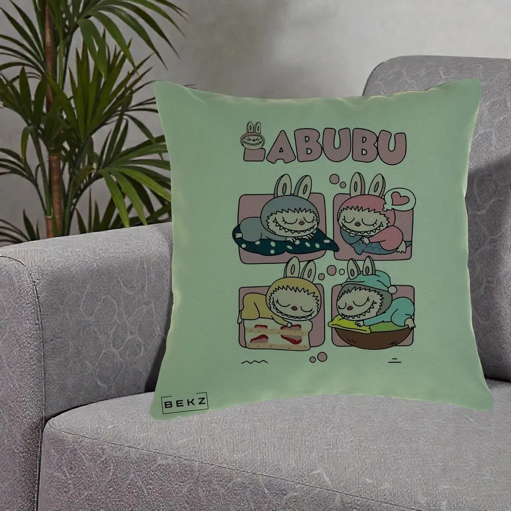 Perna Personalizata Labubu Sleeping Quad Grid, 40x40 cm, Verde, Husa Detasabila, Perna Inclusa, BEKZ®