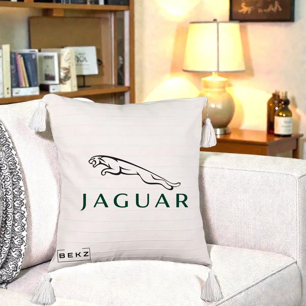 Perna Personalizata cu emblema Jaguar, 40x40 cm, Bej cu Franjuri, Husa Detasabila, Perna Inclusa, BEKZ®