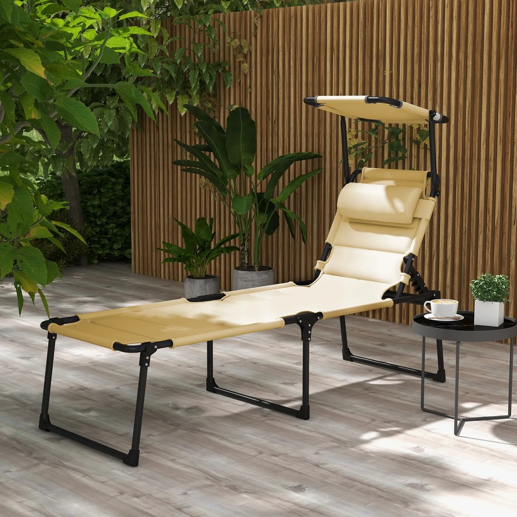 Outsunny Șezlong pliabil cu copertină, perniță reglabilă pentru cap din țesătură Oxford 70 x 200 x 45 cm crem | Aosom Romania