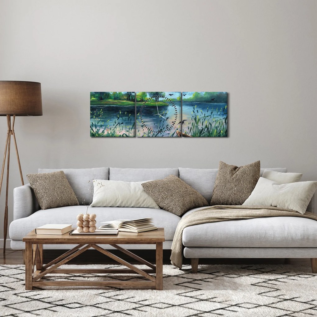 Tablou- Pictură în ulei, seară de vară lângă lac (cu ceas) (90x30 cm)