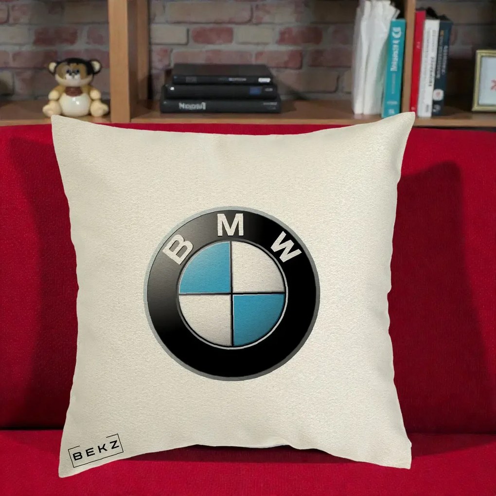 Perna Personalizata cu emblema BMW, 40x40 cm, Ecru, Husa Detasabila, Perna Inclusa, BEKZ®