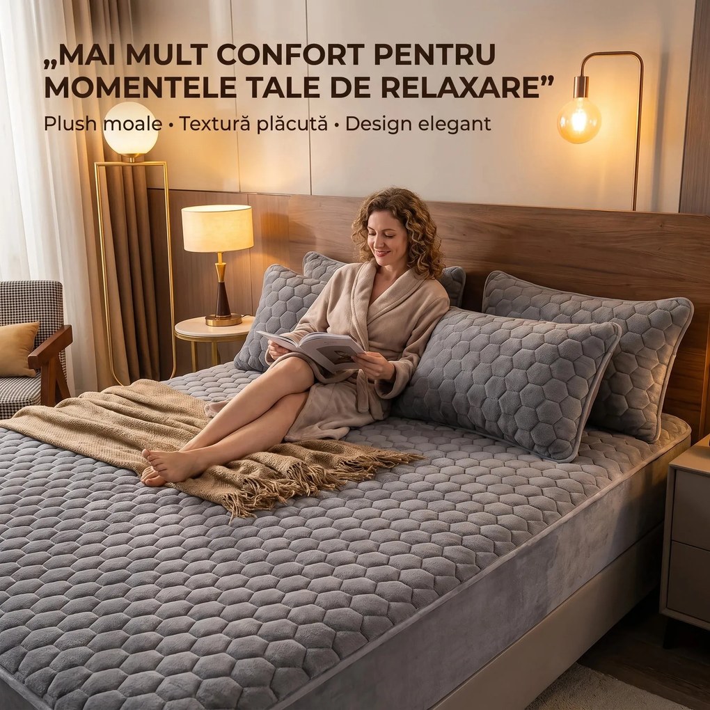 Set lenjerie de pat plusata, husa cu elastic si 2 fete de perna, Gri