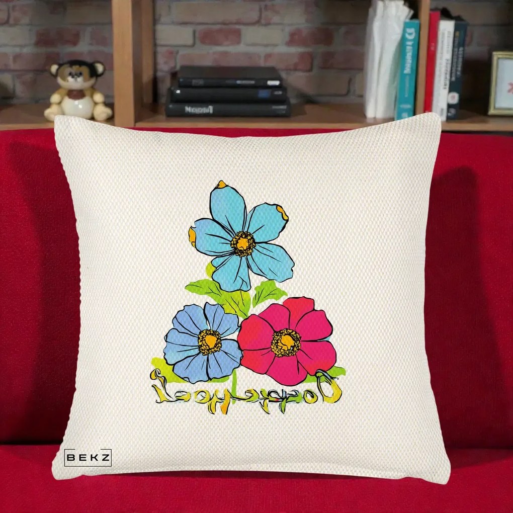 Perna Decorativa Trei Flori Grafice Pop Art, 40x40 cm, Crem Reliefat, Husa Detasabila, Perna Inclusa, BEKZ®
