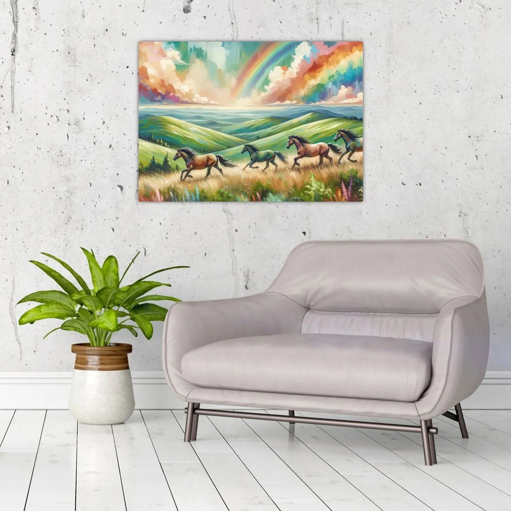 Tablou pe sticlă – Cai galopând prin peisaj (70x50 cm)