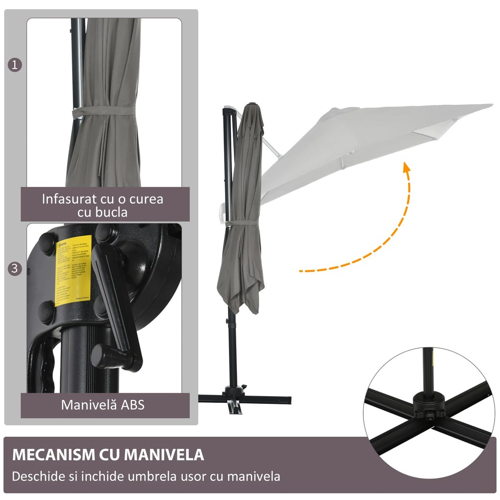 Outsunny Umbrelă de Grădină cu Manivelă, Rotire la 360° și Copertină Reglabilă pe 5 Niveluri, 2.5x2.5 m, Gri Deschis | Aosom Romania
