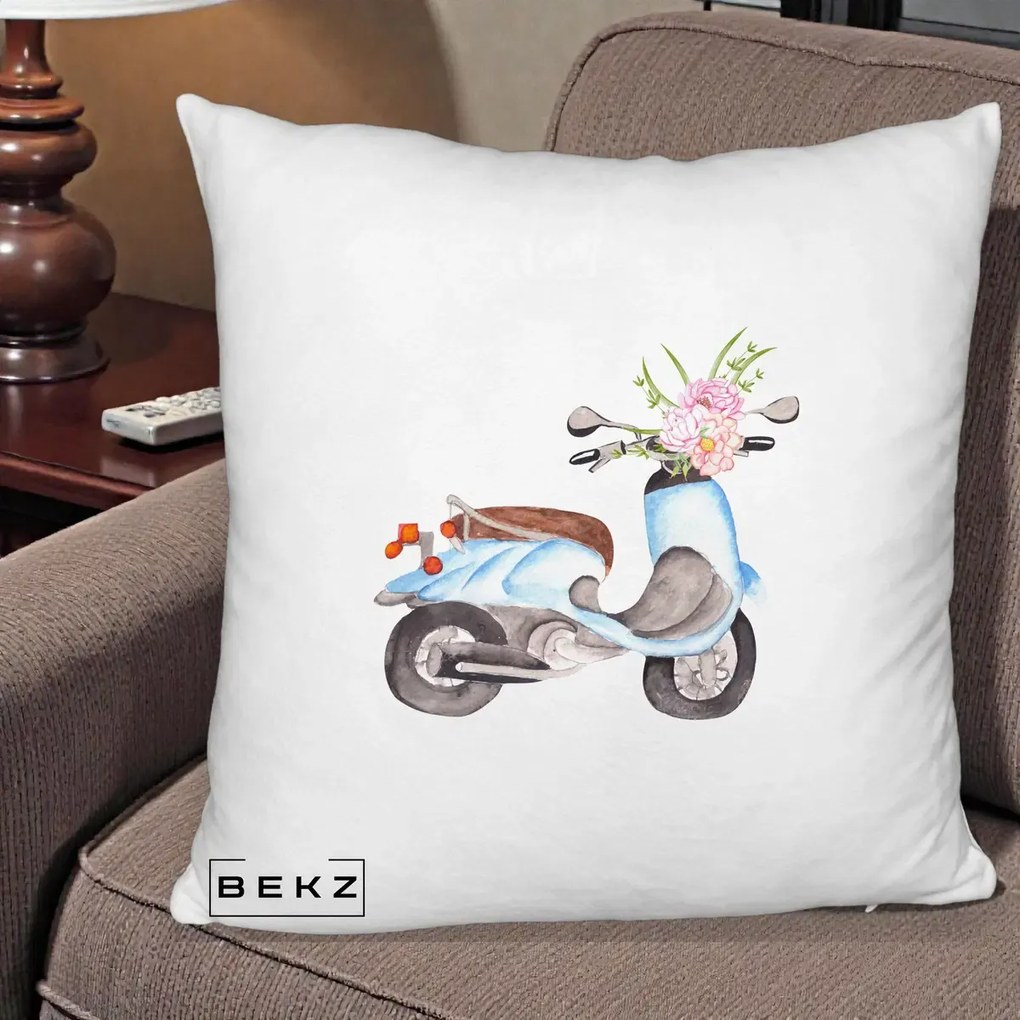 Perna Decorativa Scuter Albastru cu Flori Acuarela, 40x40 cm, Alb Pufos, Husa Detasabila, Perna Inclusa, BEKZ®