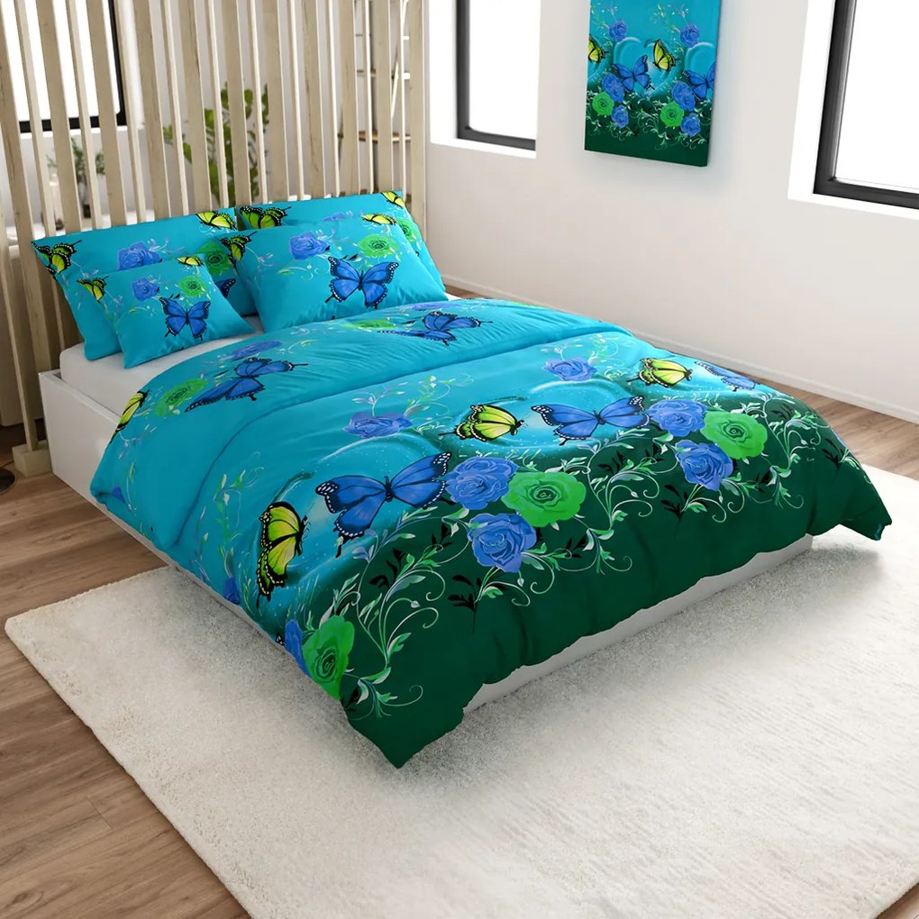 Lenjerie de pat din bumbac FLUTURE ALBASTRU SI VERDE albastru Dimensiune lenjerie de pat: 70 x 90 cm | 140 x 200 cm