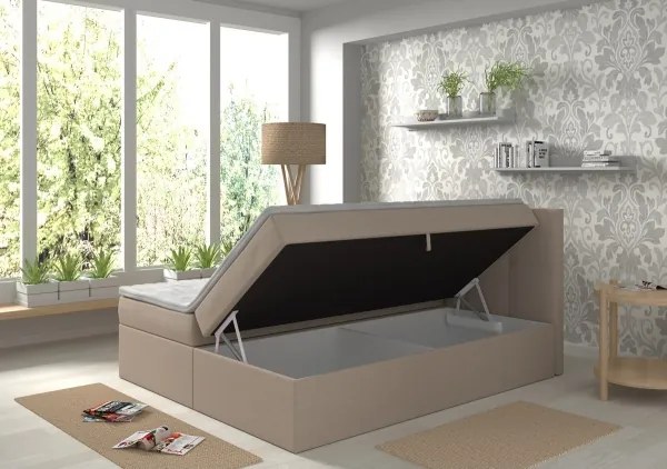 Pat tapițat EMBER 160x200 cm, cu saltele și topper incluse, cu spațiu de depozitare, bej