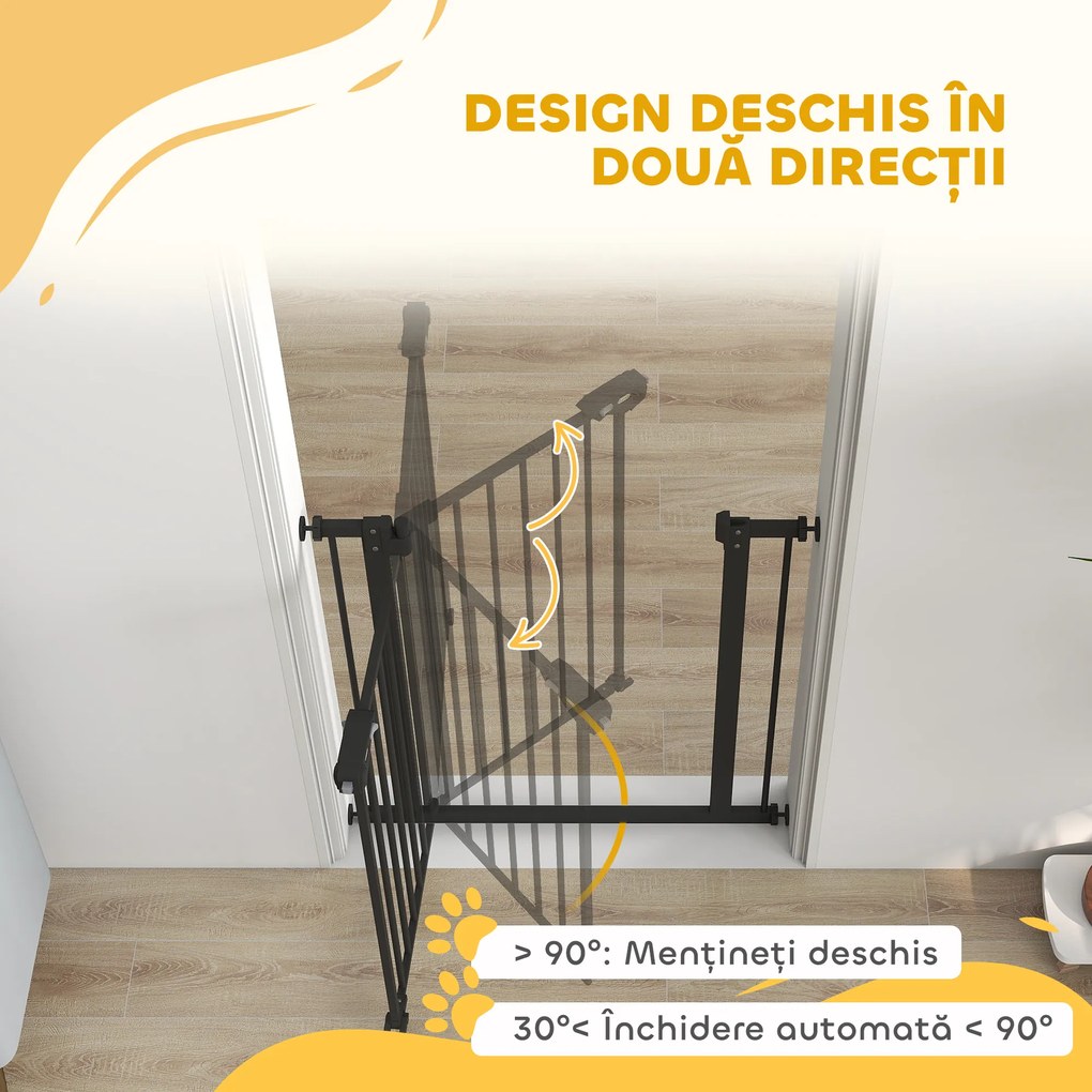 PawHut Poartă de Siguranță pentru Câini cu 2 Extensii, Lățime Reglabilă și Închidere Automată, 74x77cm, Negru | Aosom Romania