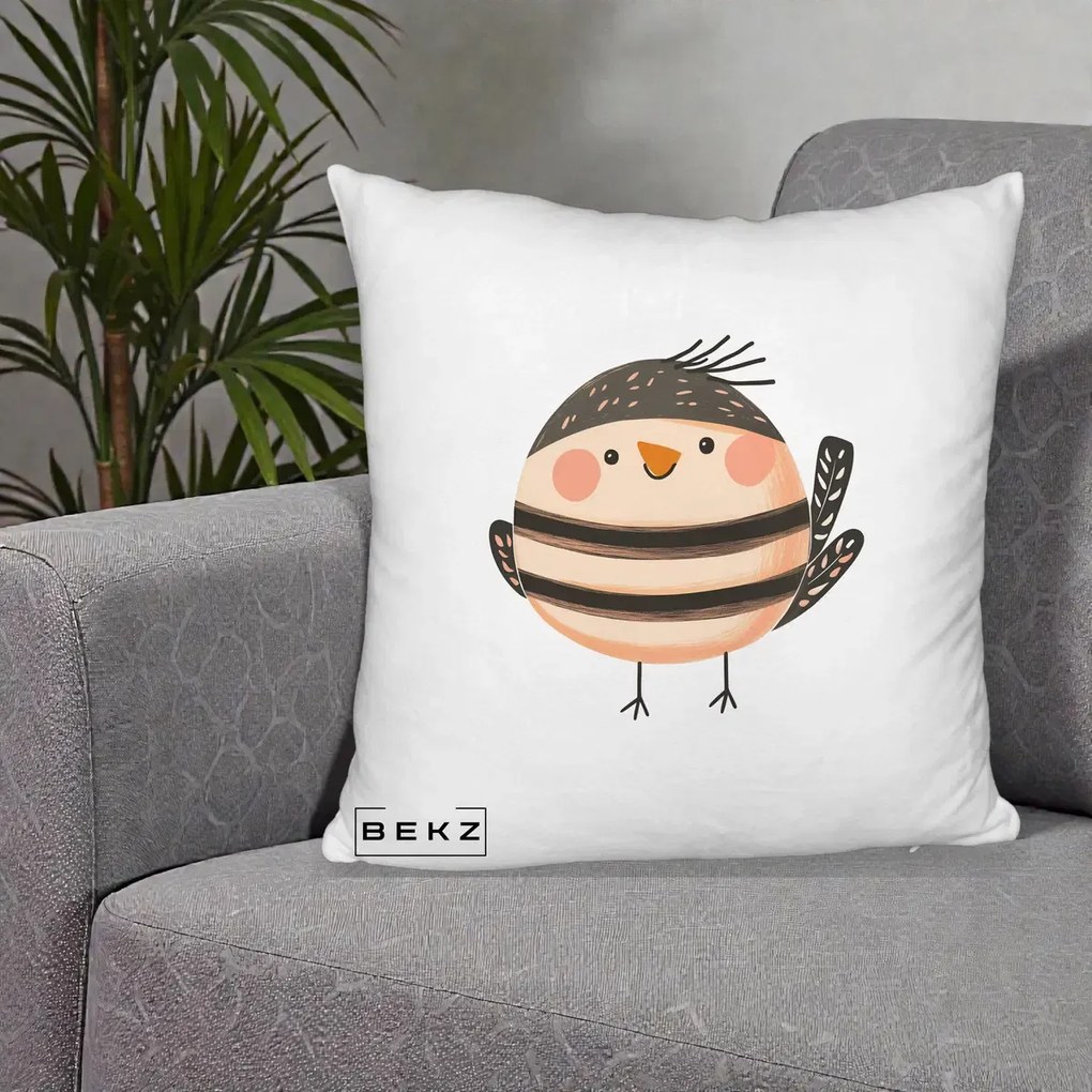 Perna Decorativa Pui Kawaii Bej-Negru Dungat, 40x40 cm, Alb Pufos, Husa Detasabila, Perna Inclusa, BEKZ®