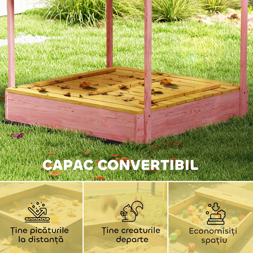 AIYAPLAY Ladă de Nisip pentru Copii 3-6 Ani cu Acoperiș cu Flamingo, Scaune Pliabile, Capac și Husă Incluse, Ladă de Joacă din Lemn de Brad, 134,5x127,5x130 cm, Roz | Aosom Romania