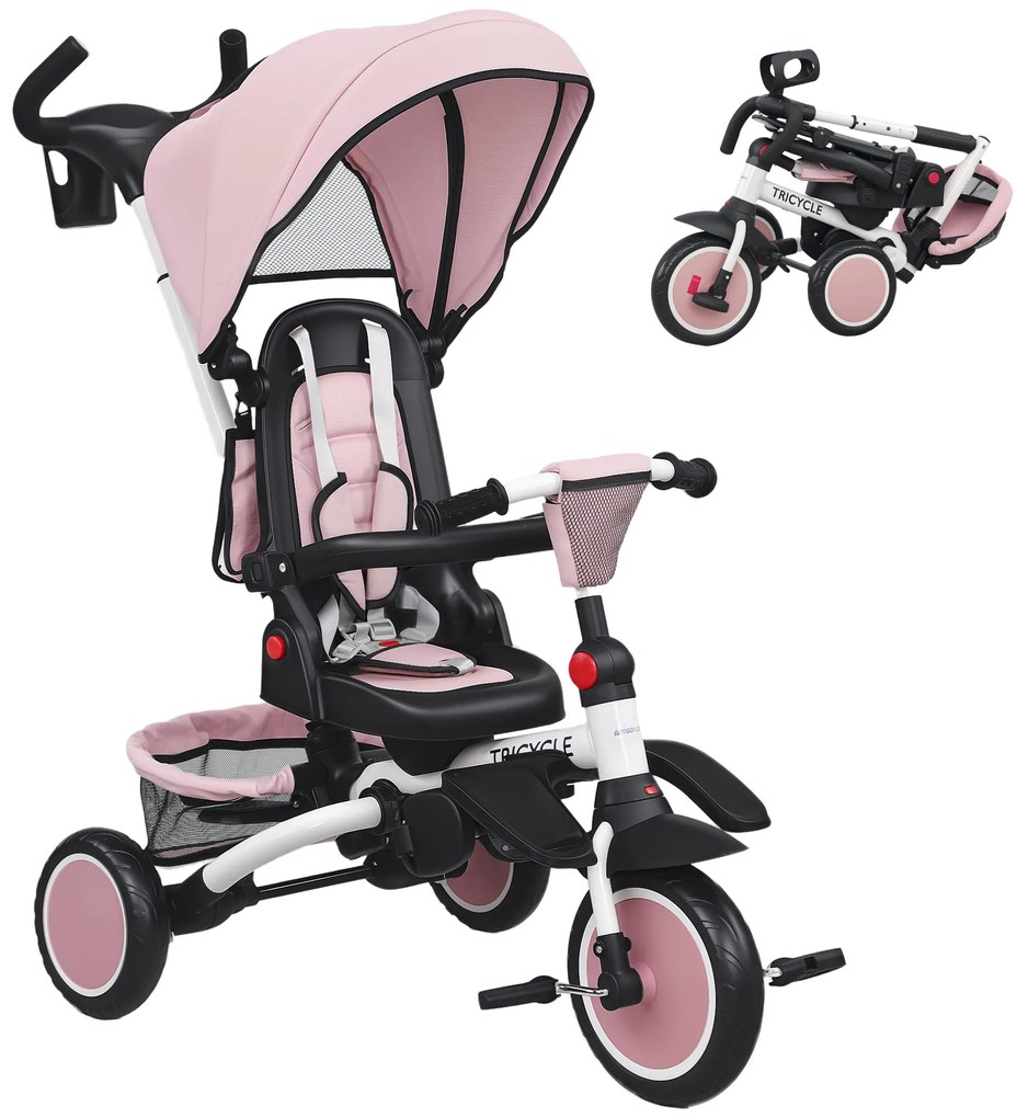 AIYAPLAY Triciclu bebeluș evolutiv 6 în 1, triciclu copii pliabil cu mânere părintești reglabile, șezut pivotant 360°, roz | Aosom Romania