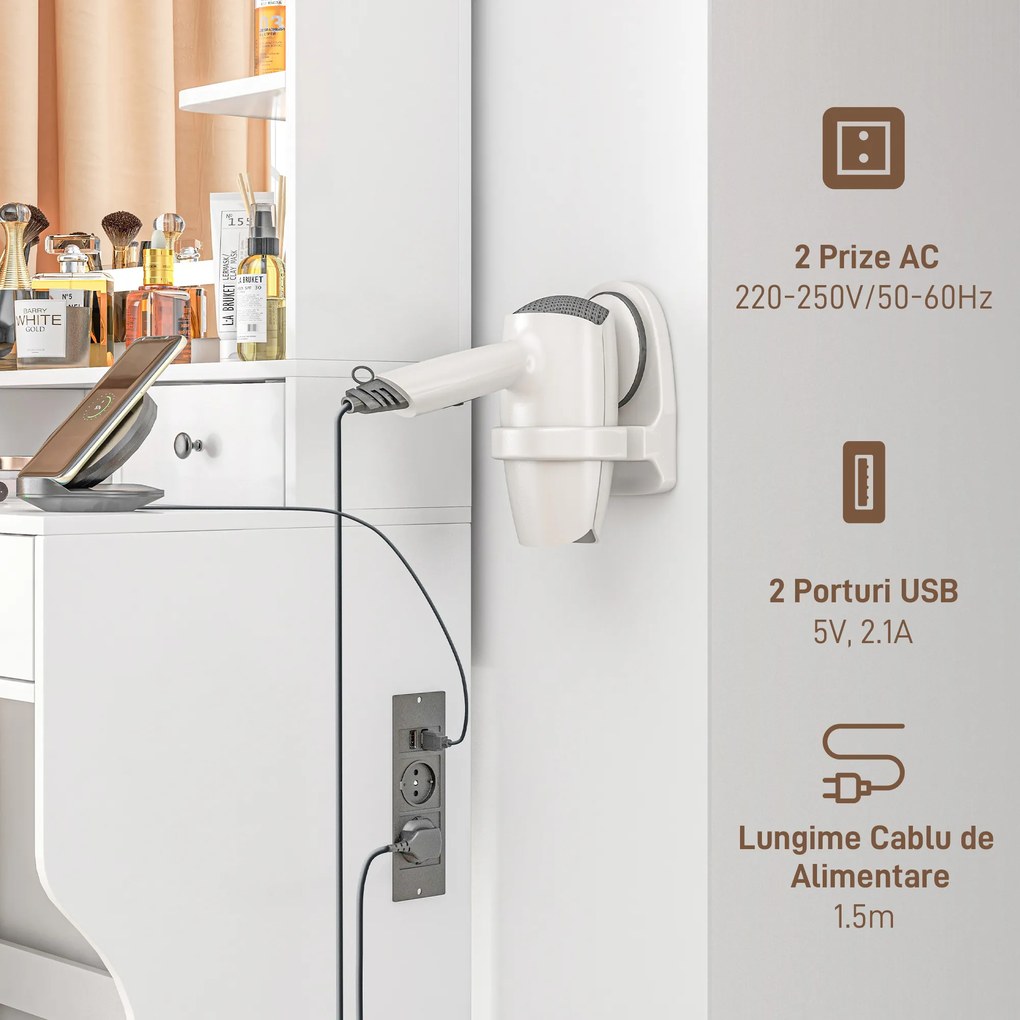 HOMCOM Masă de Toaletă cu Oglindă Iluminată LED, Masă de Machiaj cu Stație de Încărcare, 4 sertare și rafturi de depozitare, 90x45x160 cm, Alb