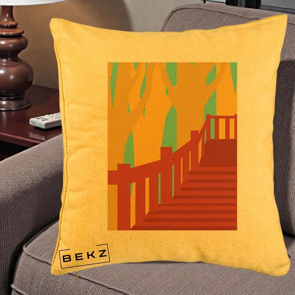 Perna Decorativa Scari Toamna Peisaj Grafic, 40x40 cm, Galben, Husa Detasabila, Perna Inclusa, BEKZ®