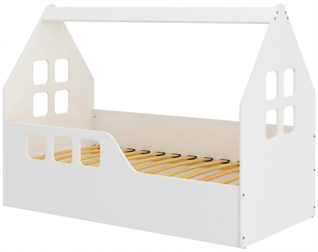Pat tip casuta pentru copii NOVOKIDS™ MAGIC LITTLE HOUSE, 160x80 CM, Set cu Saltea din Spuma MATSEN® 10 CM Inclusa, Somiera Sistem FLEX, Protectie