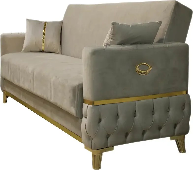 Canapea extensibila cu lada de depozitare 220x90x97 cm – stofa bej, insertii aurii – Vegas