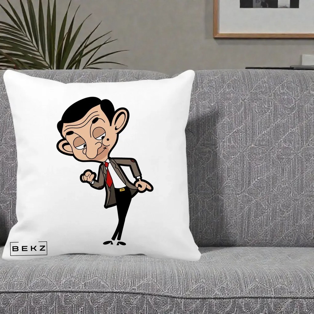 Perna Personalizata Mr. Bean Caricatura, 40x40 cm, Alba Mata, Husa Detasabila, Perna Inclusa, BEKZ®