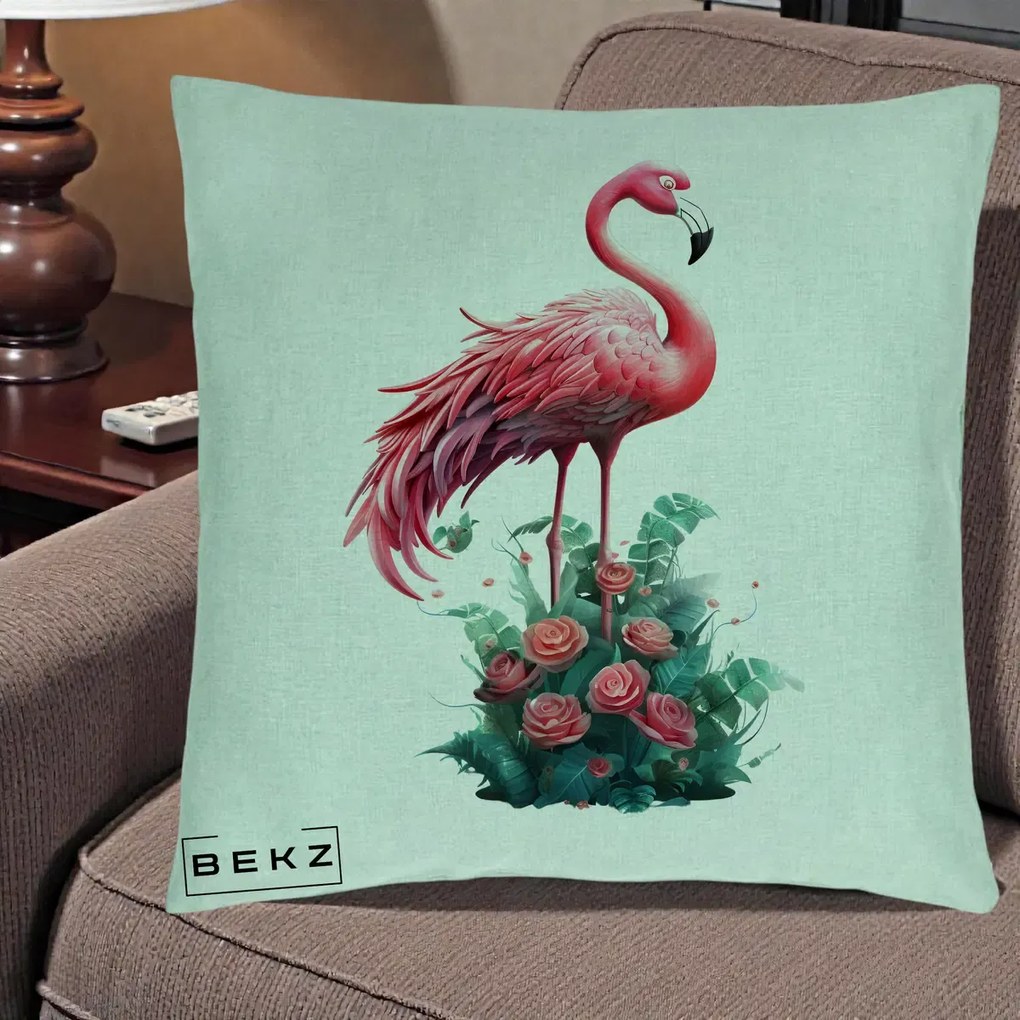 Perna Decorativa Flamingo cu Trandafiri Tropicali, 40x40 cm, Verde Menta, Husa Detasabila, Perna Inclusa, BEKZ®