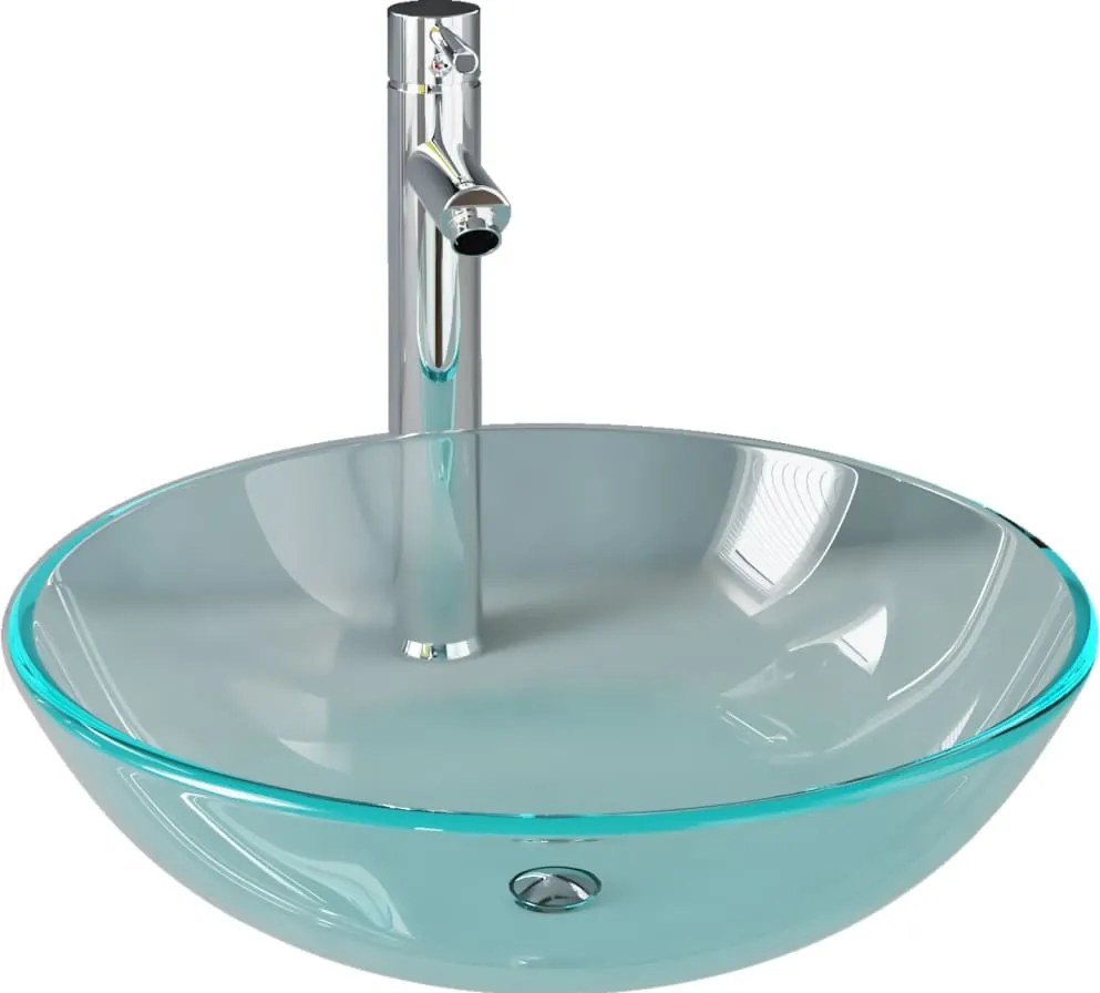 vidaXL Chiuvetă baie cu robinet/scurgere tip push, transparent, sticlă