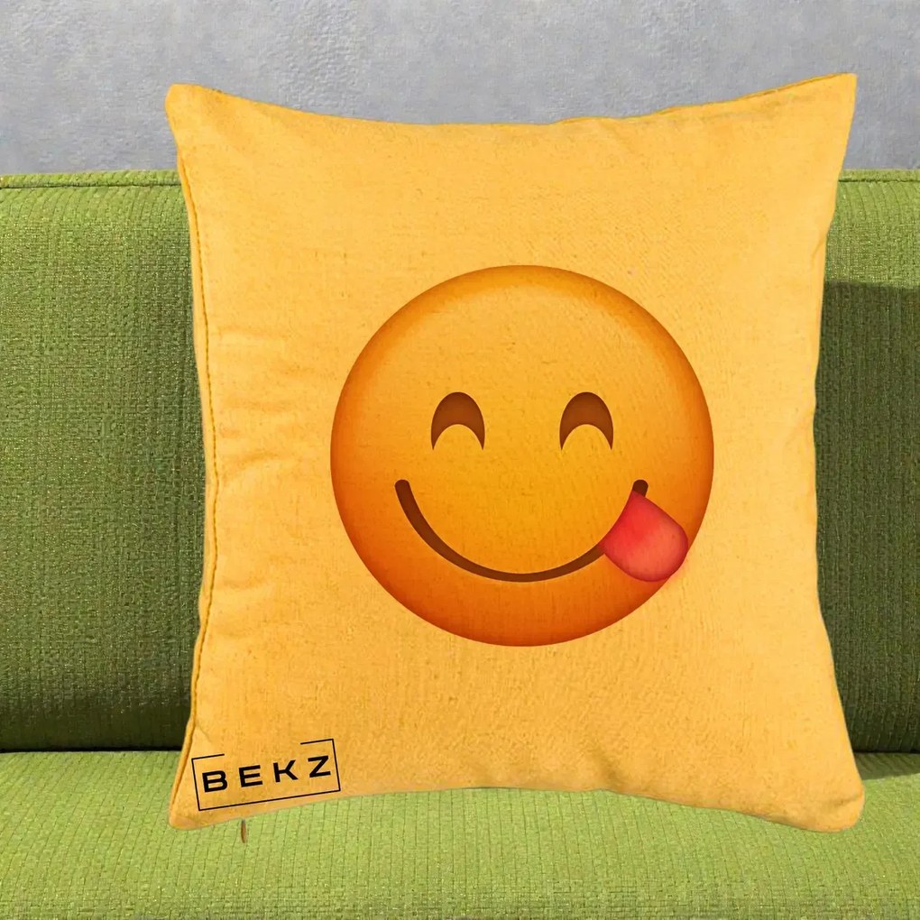 Perna Decorativa Emoji Limba Scoasa, 40x40 cm, Galben, Husa Detasabila, Perna Inclusa, BEKZ®