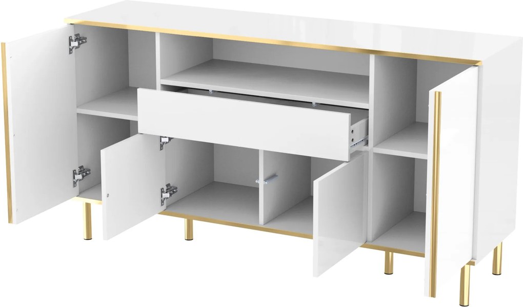 Comodă cu iluminare LED, 4 uși, 1 sertar, 150x40x80 cm, Alb