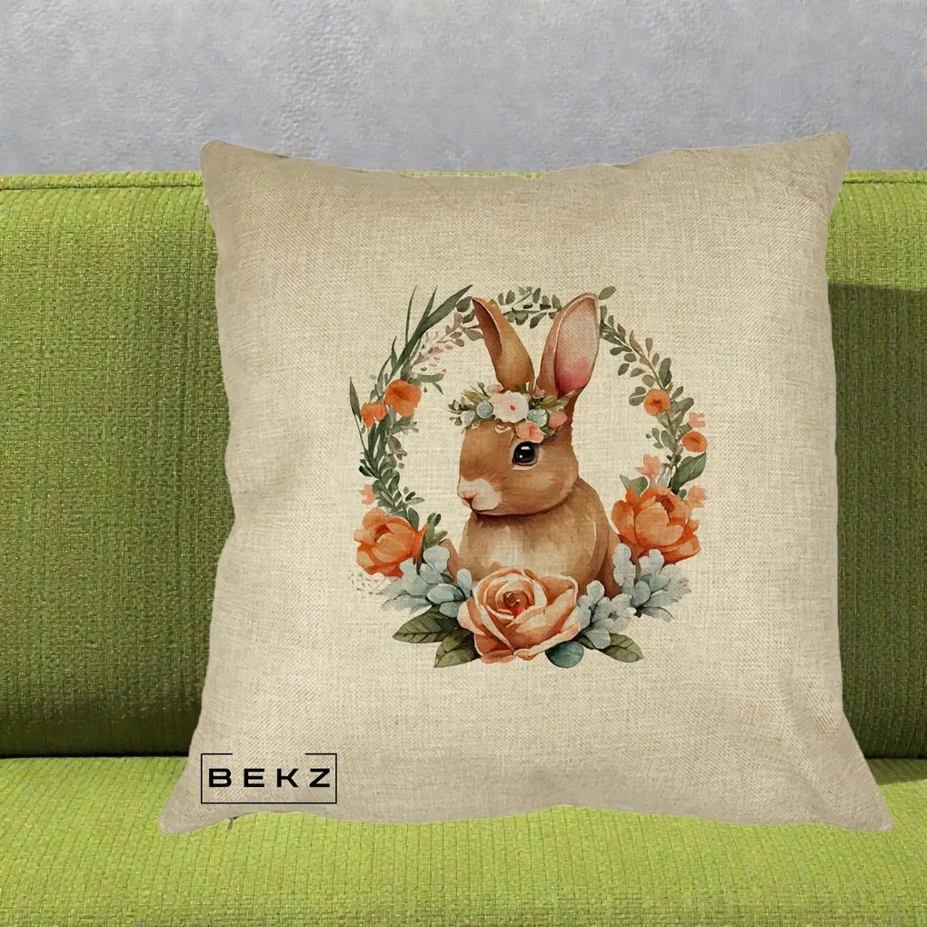 Perna Decorativa Iepuras Floral Coronita Acuarela, 40x40 cm, Crem, Husa Detasabila, Perna Inclusa, BEKZ®