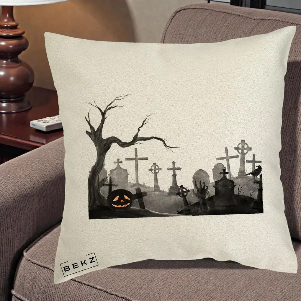 Perna Decorativa Halloween Cimitir Acuarela cu Dovleac, 40x40 cm, Ecru, Husa Detasabila, Perna Inclusa, BEKZ®
