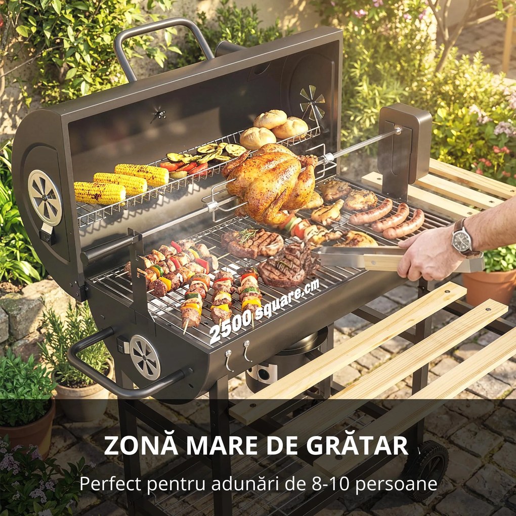 Outsunny Grătar pe cărbuni cu căruț de gătit, etajere pliabile, termometru, roți, rotisor electric, negru | Aosom Romania