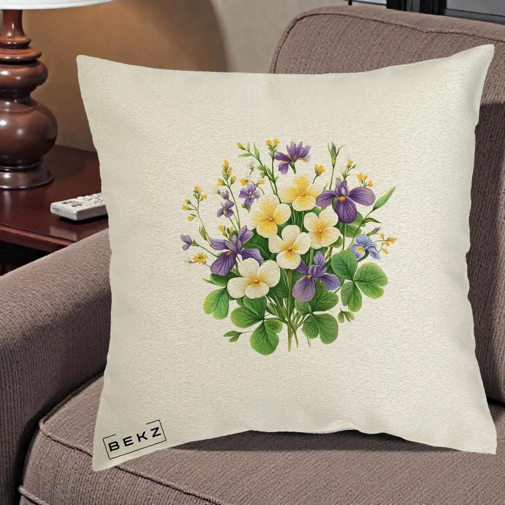 Perna Decorativa Viorele Iris Violet si Trifoi, 40x40 cm, Ecru, Husa Detasabila, Perna Inclusa, BEKZ®